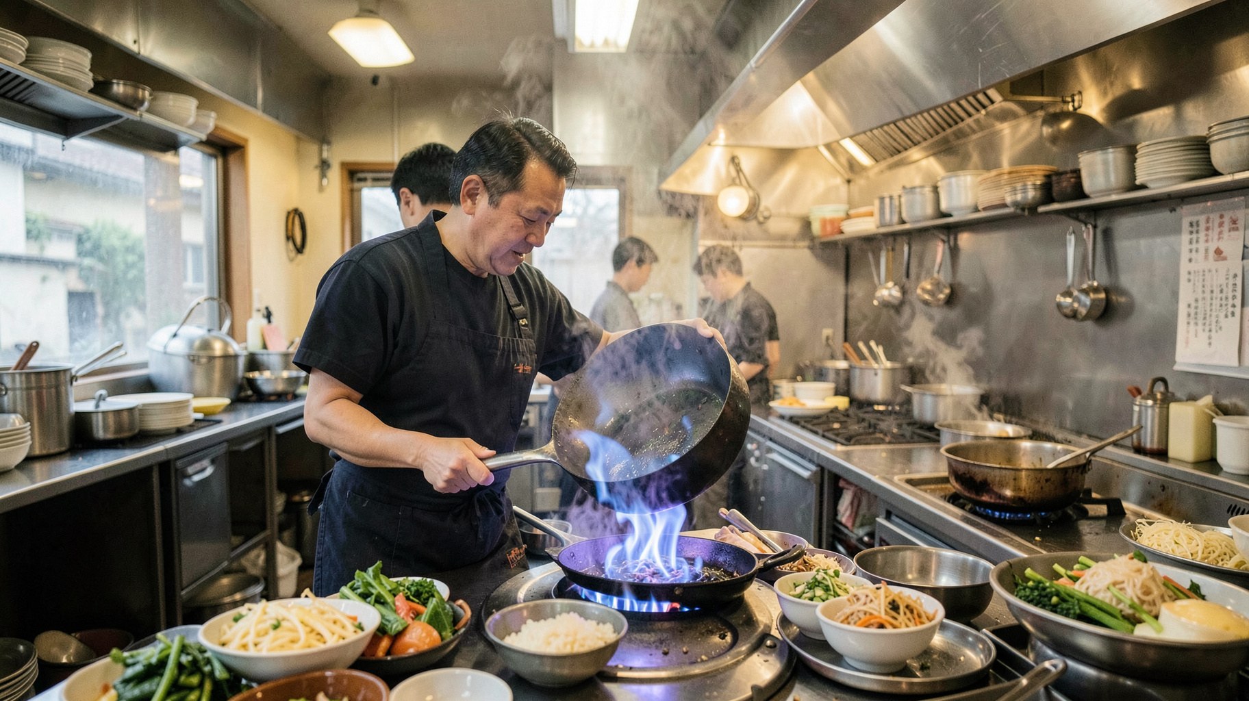 地域料理を扱う飲食店の厨房と仕込みを表したAI生成イメージ写真